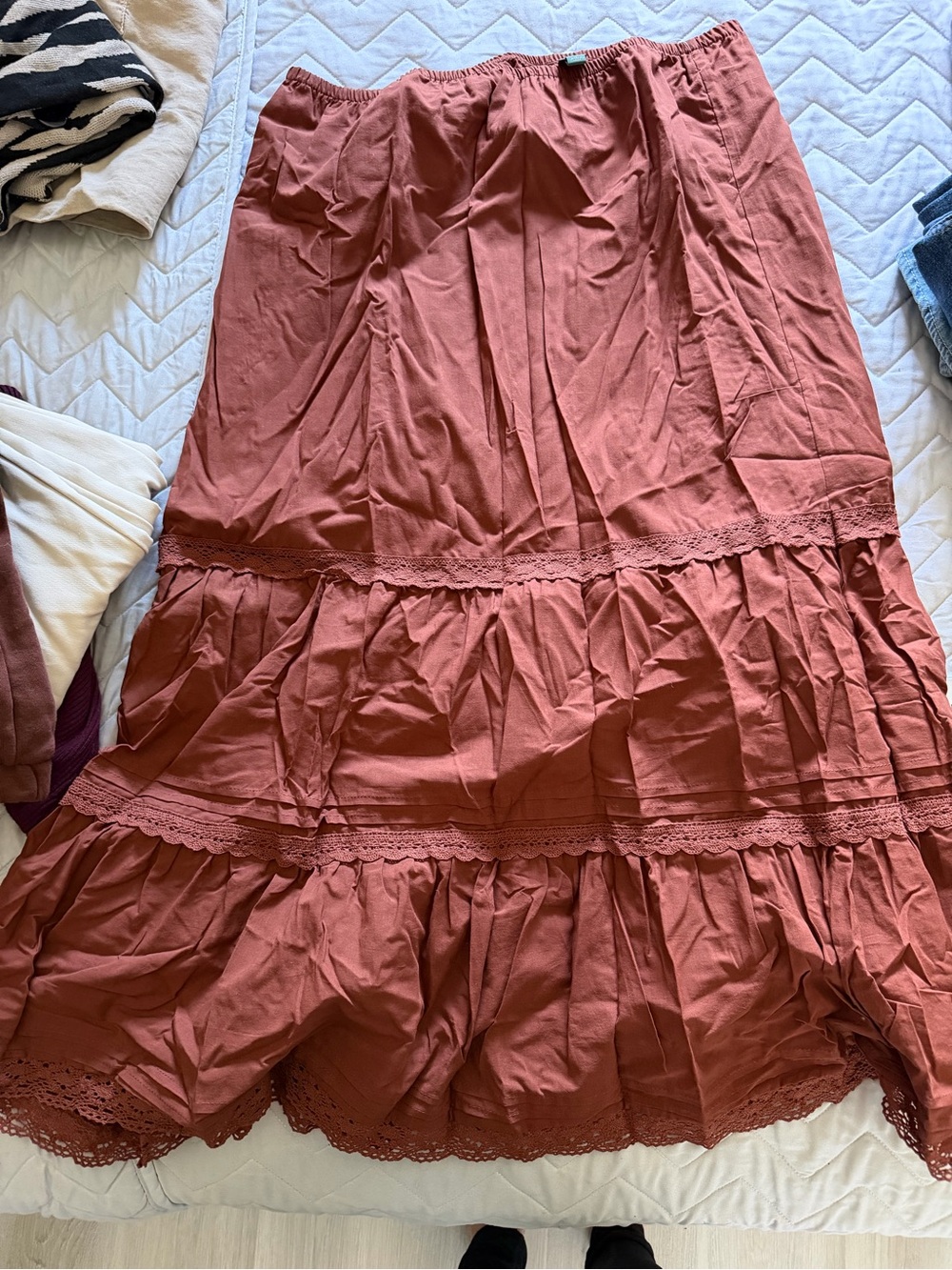 Women's A-Line Tiered Skirt in Terracotta with Lace Trim